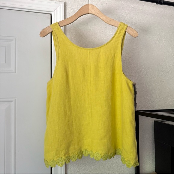 PAMELA TANG yellow lime green linen scoop neck back lace floral trim boxy tank - Picture 1 of 6